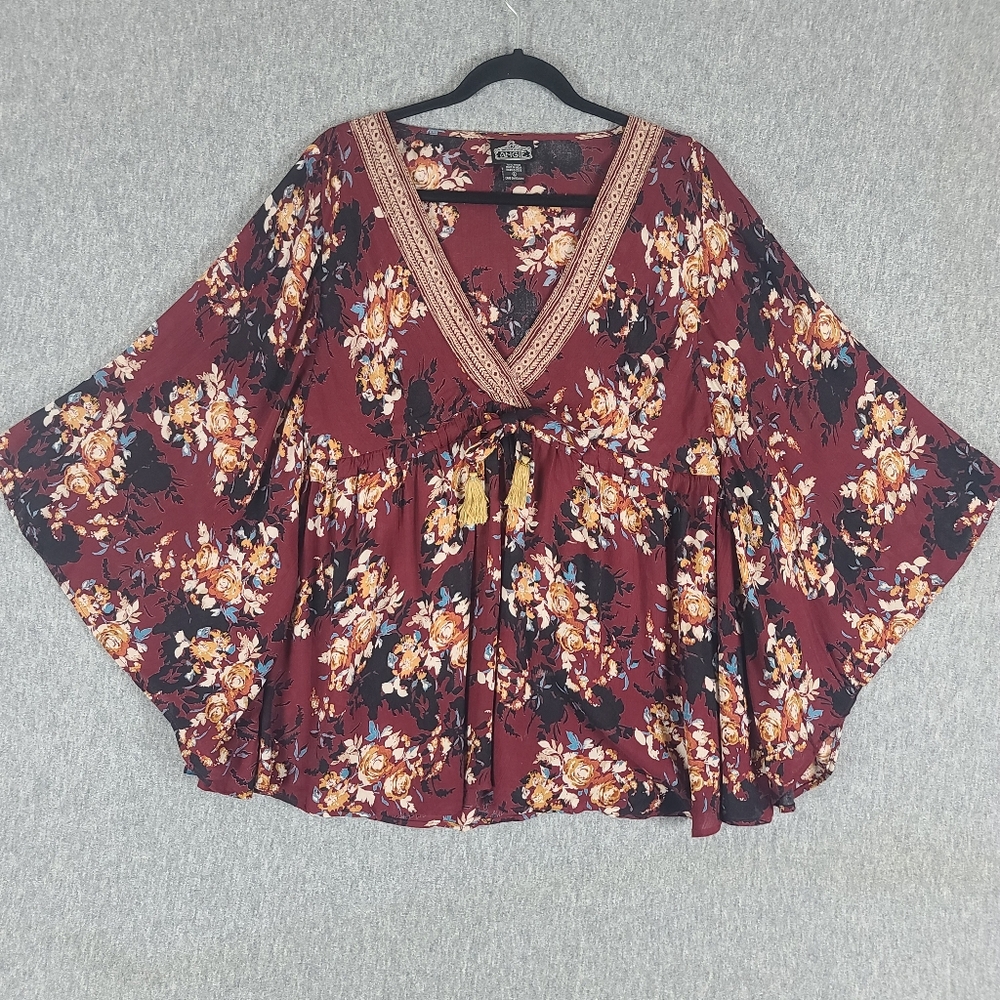 Angie Burgundy Floral V-Neck Peasant Blouse